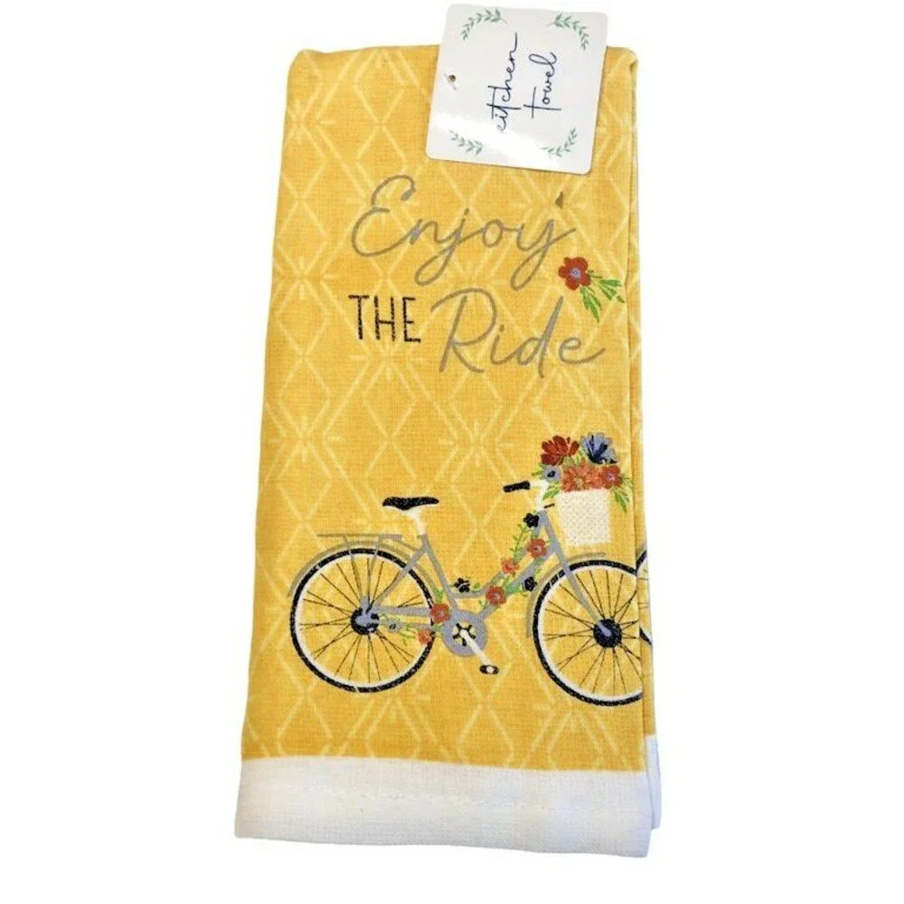 Bicycle Bike Kitchen Dish Towels Enjoy the Ride Yellow Spring Summer Set of 2